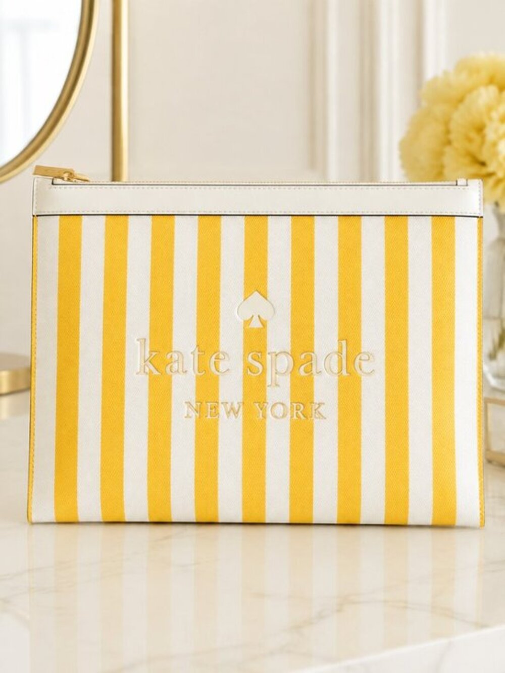 Kate Spade Yellow White Striped Zip Pouch Wristlet NWT